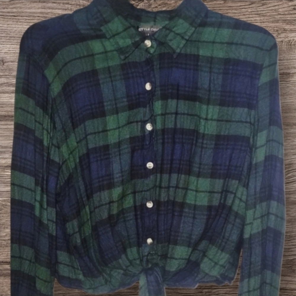Style Envy Green Blue Plaid Tie Front Button Down Shirt Long Sleeves Lg - Picture 9 of 16